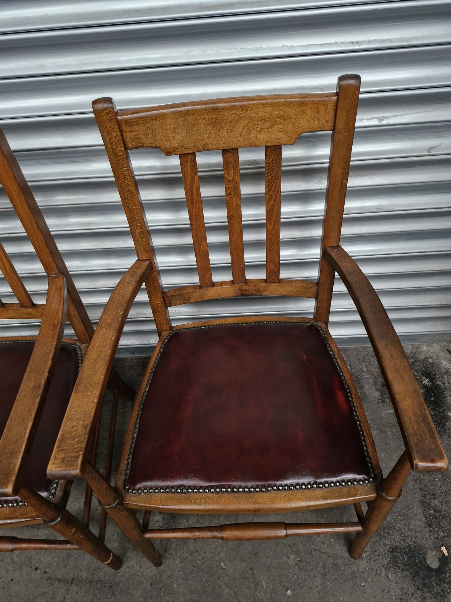 Pair of his and hers vintage leather seated studded carver chairs- high end quality - dining chairs