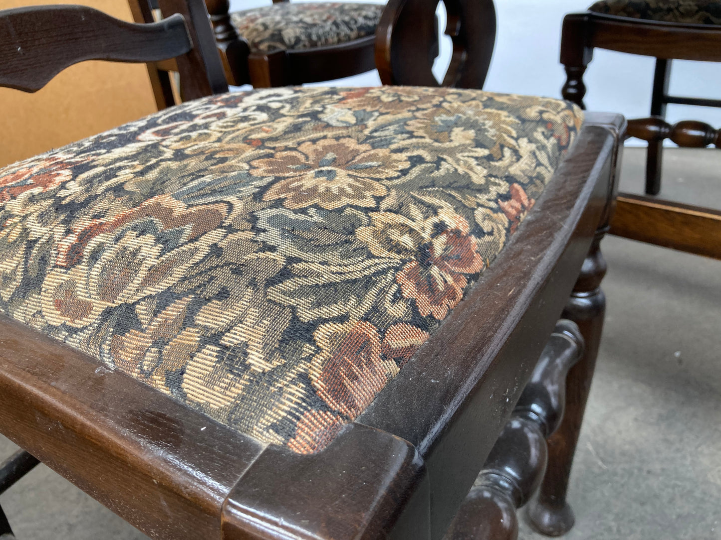 Dark oak dining table and 6 chairs