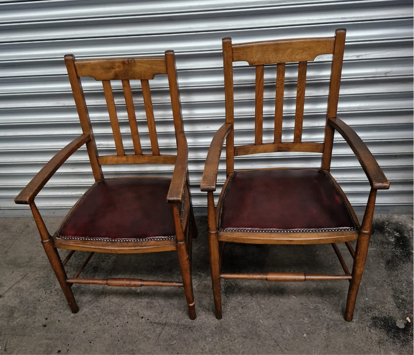 Pair of his and hers vintage leather seated studded carver chairs- high end quality - dining chairs