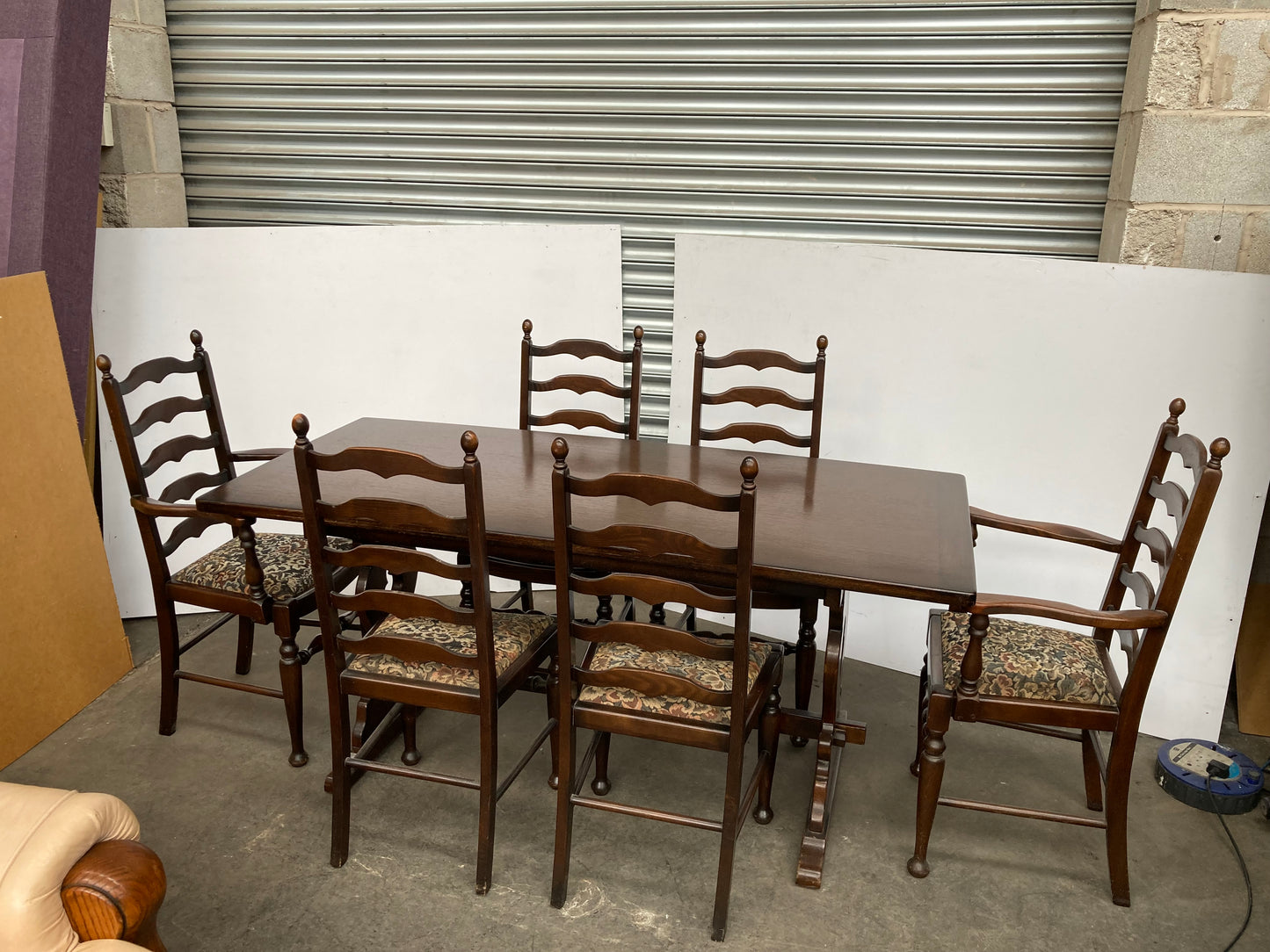Dark oak dining table and 6 chairs