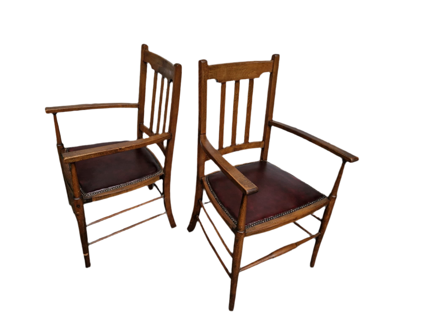 Pair of his and hers vintage leather seated studded carver chairs- high end quality - dining chairs