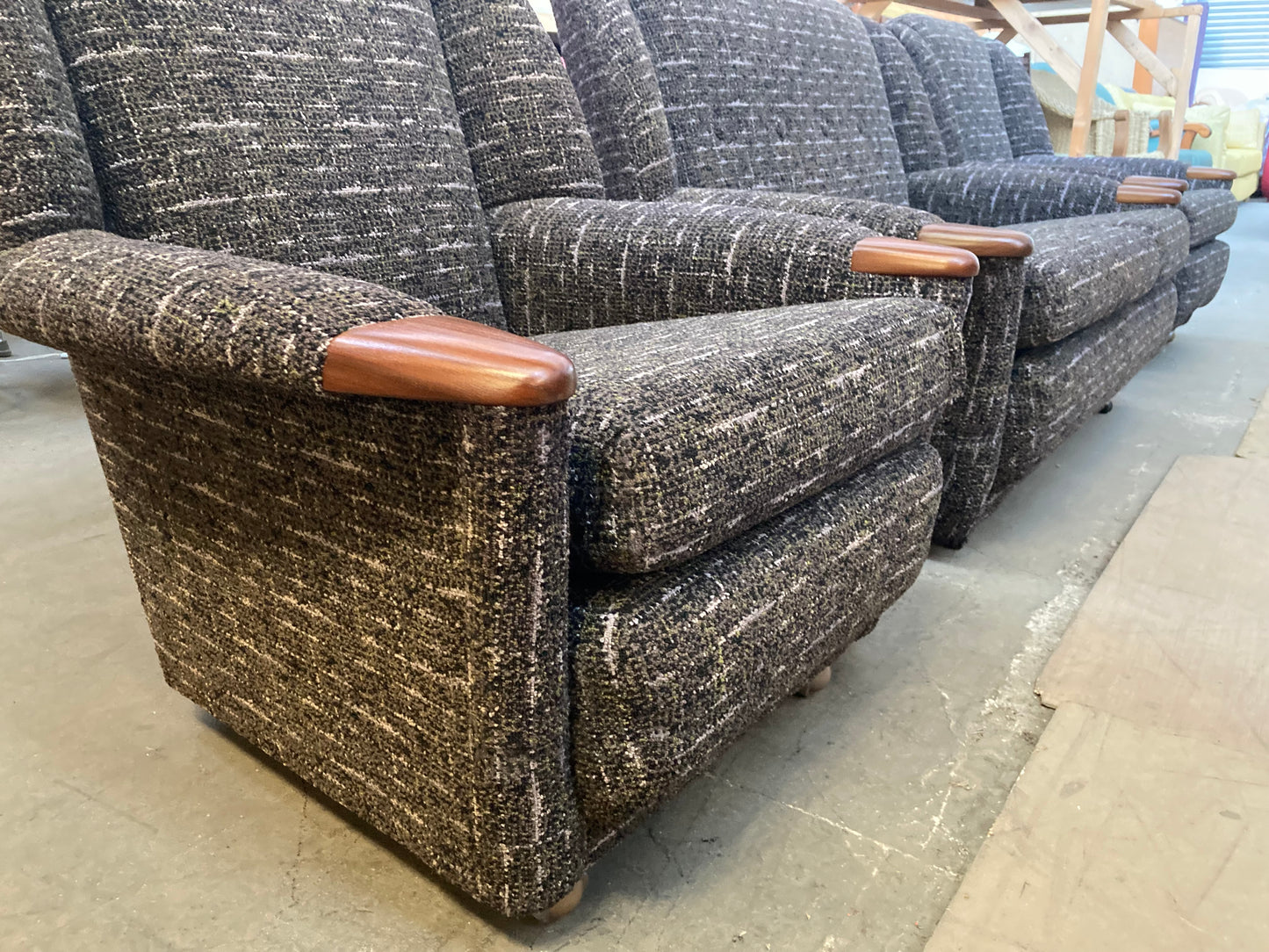 Mid Century Multitone Charcoal Grey Sofa" or "Vintage Armchairs Charcoal Grey Design