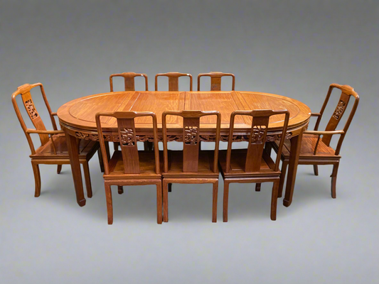 Stunning Chinese Rosewood Dragon Design Extendable Dining Table & 8 Chairs