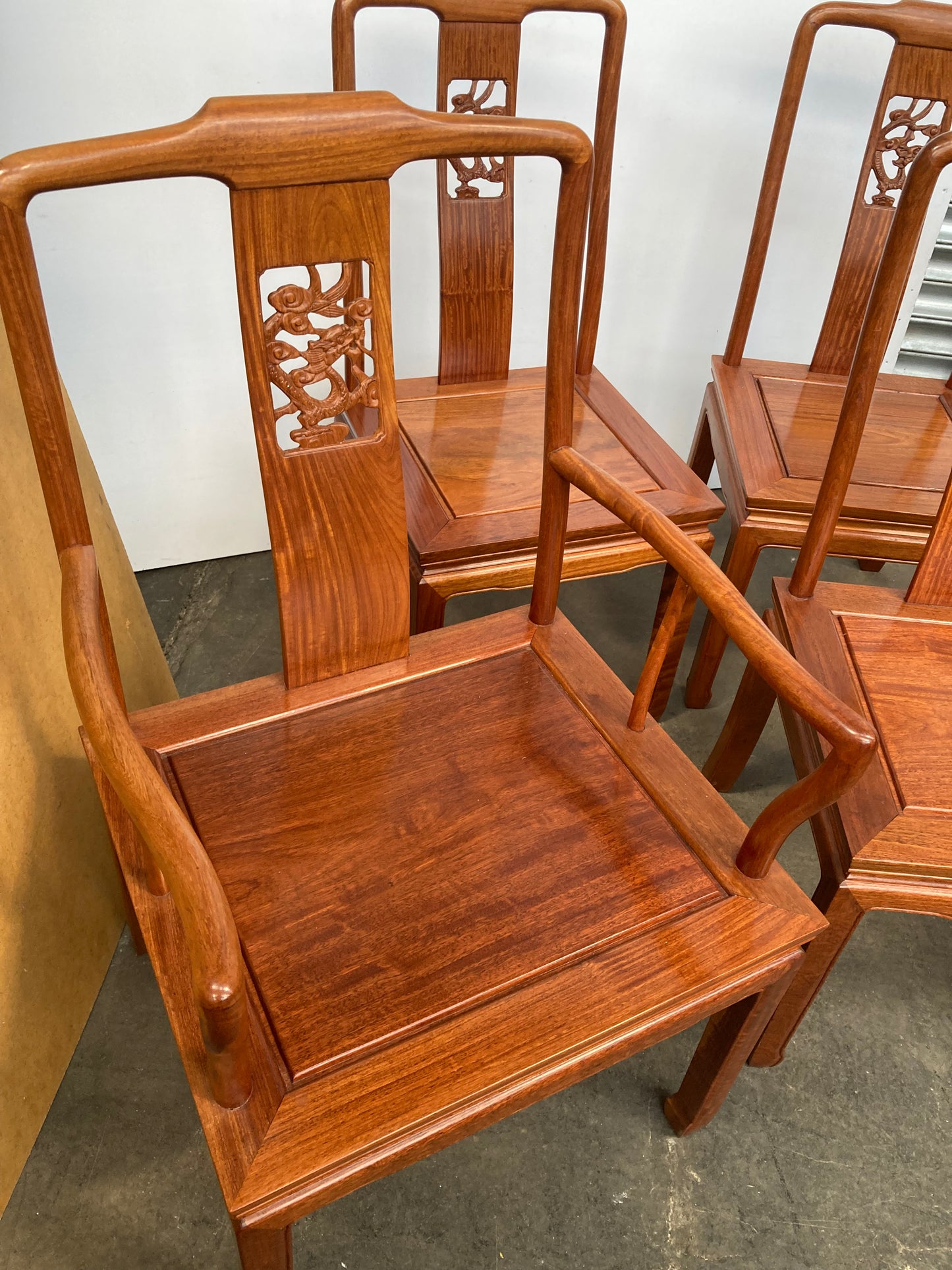 Stunning set of 8 Chinese rosewood dragon design dining chairs