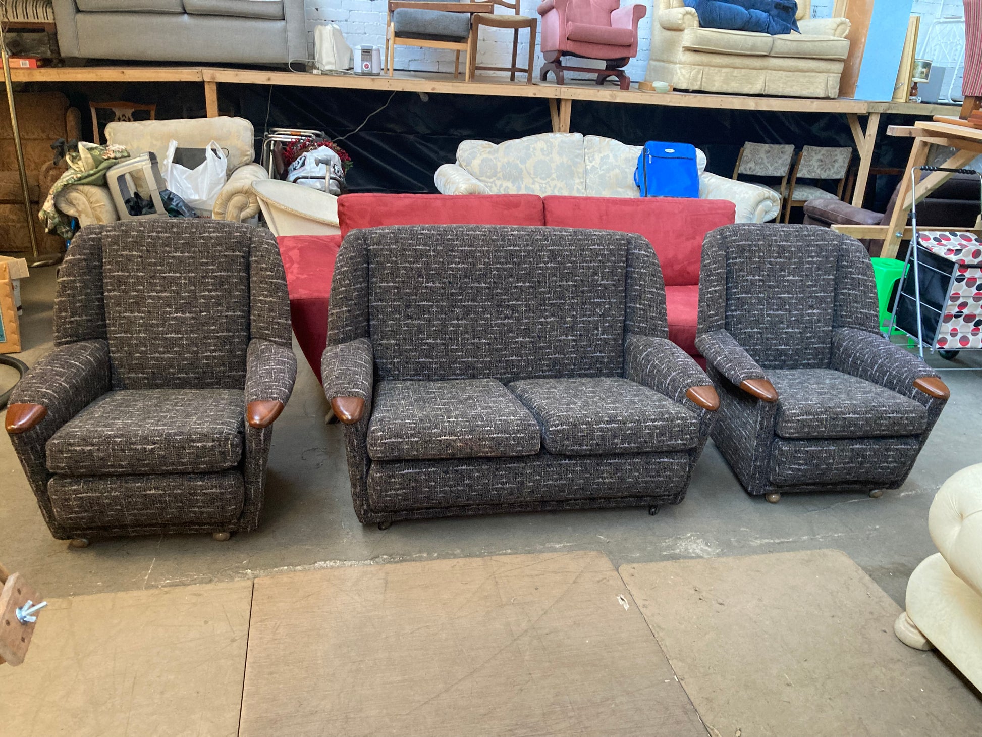 Mid Century Multitone Charcoal Grey Sofa" or "Vintage Armchairs Charcoal Grey Design