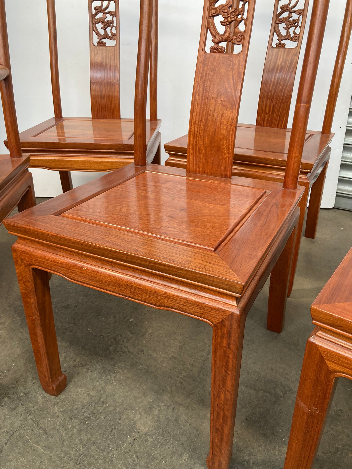 Stunning set of 8 Chinese rosewood dragon design dining chairs