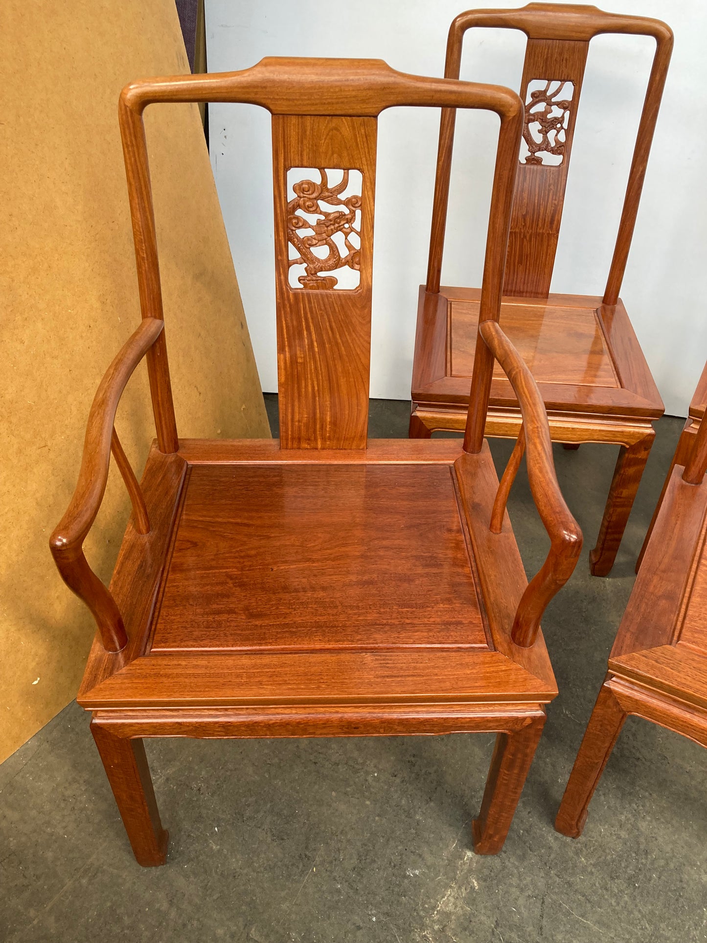 Stunning set of 8 Chinese rosewood dragon design dining chairs
