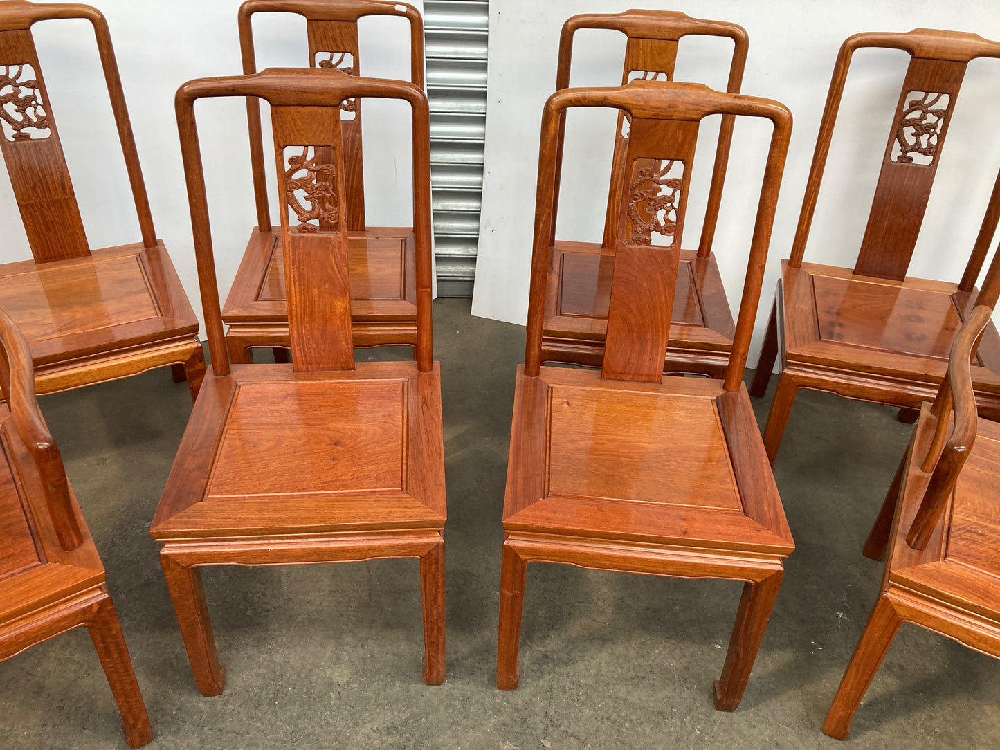 Stunning set of 8 Chinese rosewood dragon design dining chairs