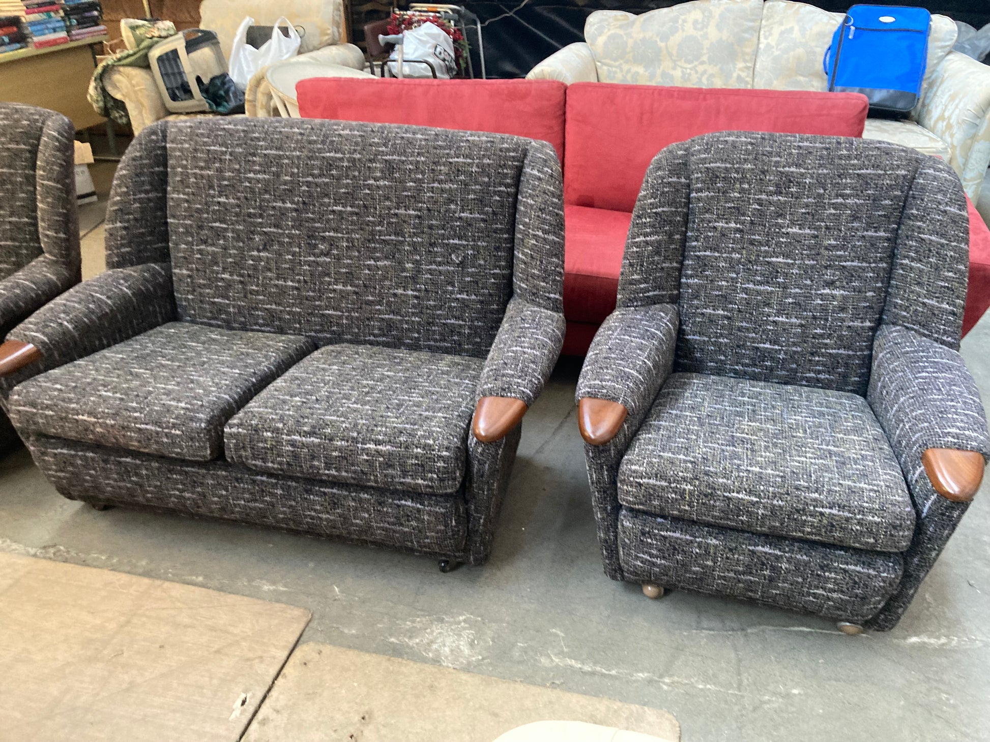 Mid Century Multitone Charcoal Grey Sofa" or "Vintage Armchairs Charcoal Grey Design